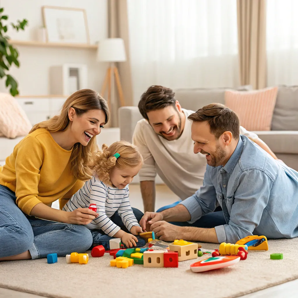 Happy family playing with toys