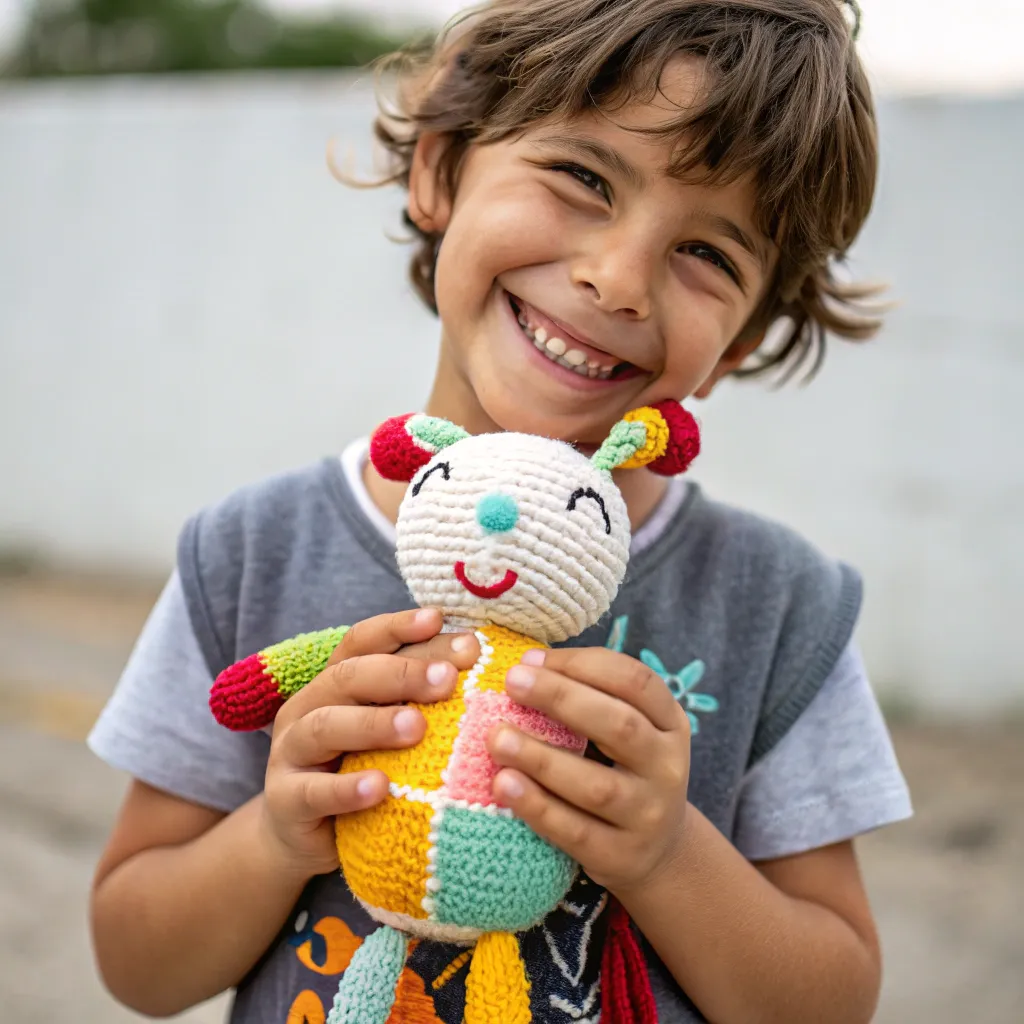 Smiling child holding a handmade toy